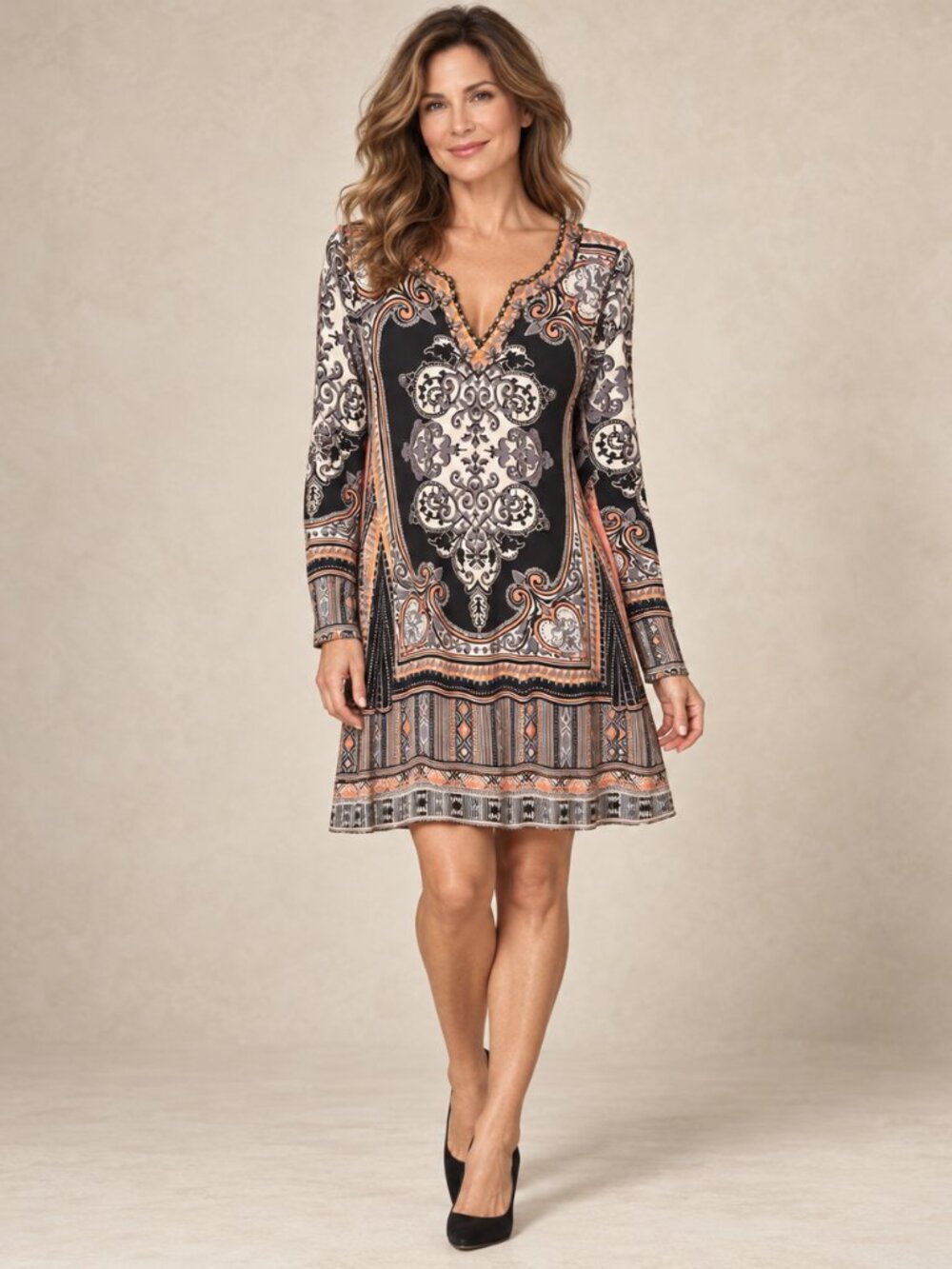 Hale Bob NWT Beaded Paisley Border Print Long Sleeve Dress L